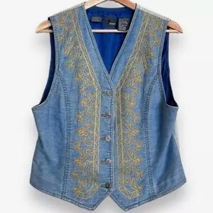 Vintage Liz Wear Gold Embroidered Denim Western Vest Women's Size M
